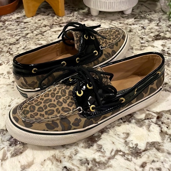 Sperry Topsiders Women's Leopard Canvas Black Patent Leather Boat Shoes … - Picture 8 of 11